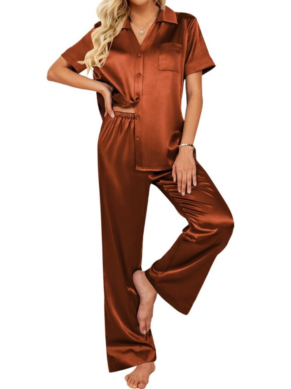 Silk Pajamas for Womens Set 2 Piece Fall Pjs with Pockets